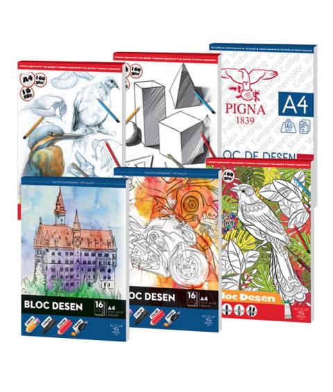 Bloc desen, A4, Pigna, hartie speciala 160gr, recomandat acuarela, tempera, acrilic, 16file
