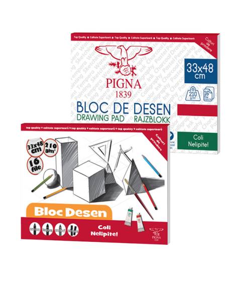 Bloc desen, 33X48cm, Pigna, hartie speciala 210g, 16file, recomandat acuarela, tempera, acrilic, foi libere